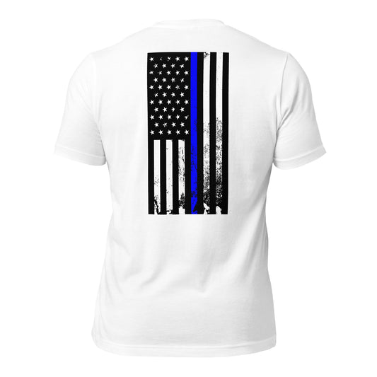 Vertical thin Blue line flag (back) t-shirt