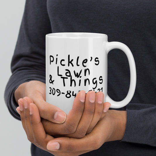 Pickle's Lawn and Things White glossy mug